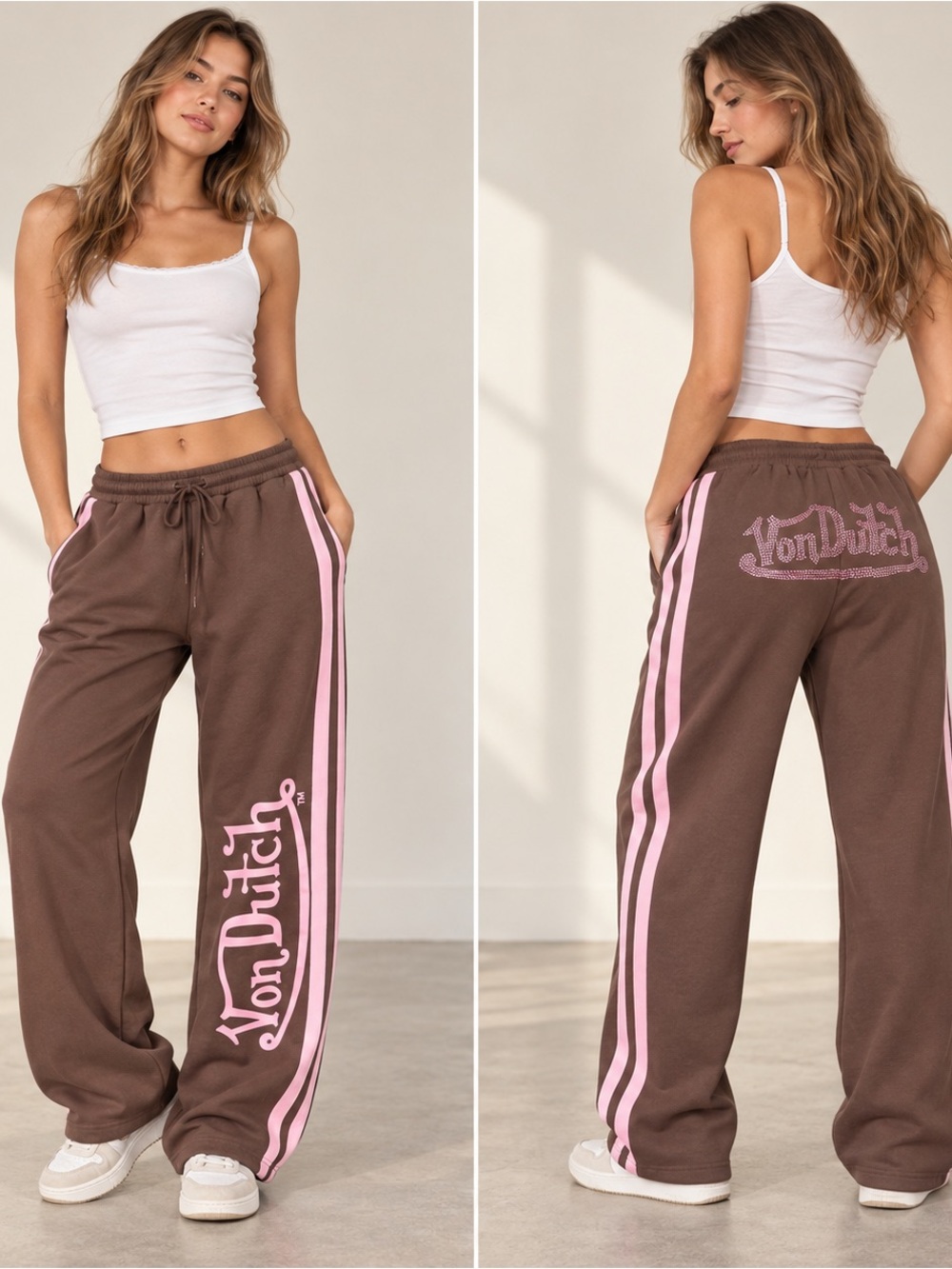 Von Dutch Rhinestone Logo Stripe Sweatpants Brown Pink L NWT